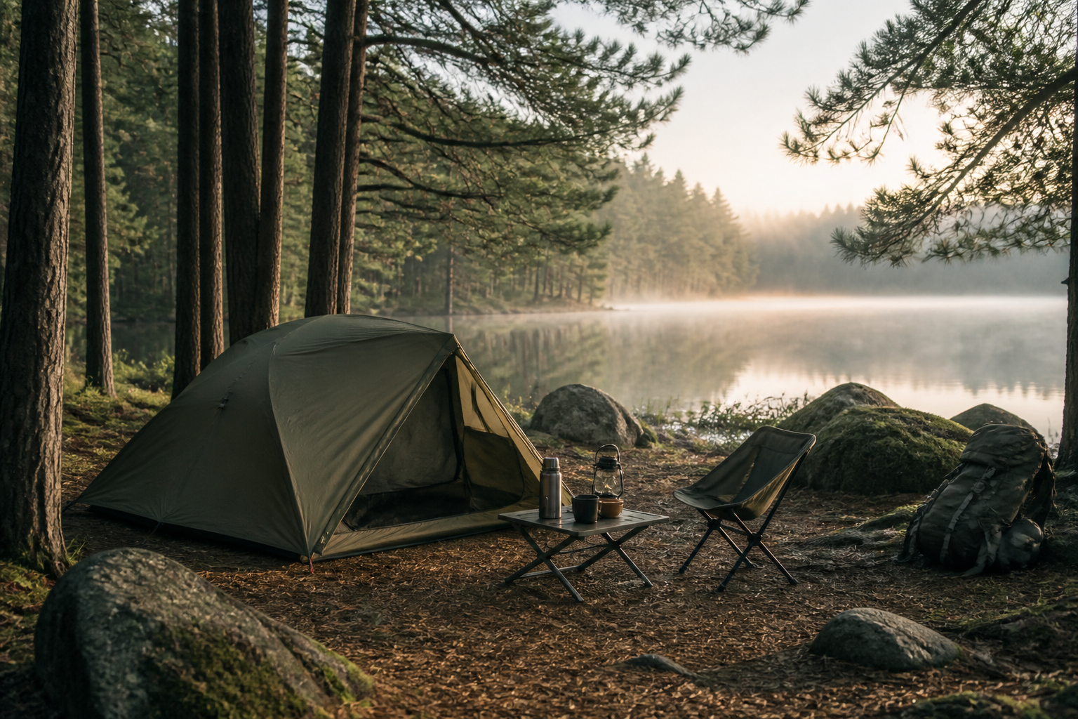 A quiet AdrianOutdoor lakeside campsite at dawn